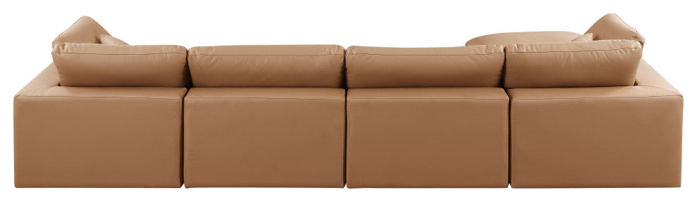 Comfy Upholstered L-Shaped Modular Sectional, Cognac, 5-Piece: 2 Armless Chair, 2 Corner Chair, 1 Ottoman, Vegan Leather