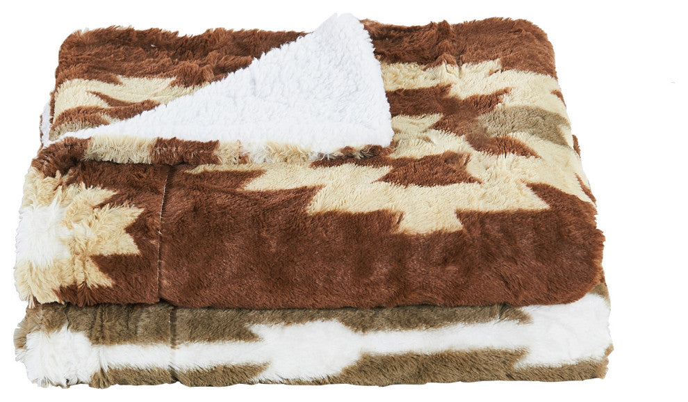 Southwest Faux Fur & Sherpa Backing Throw Blanket, Coffee, 60" X 80"