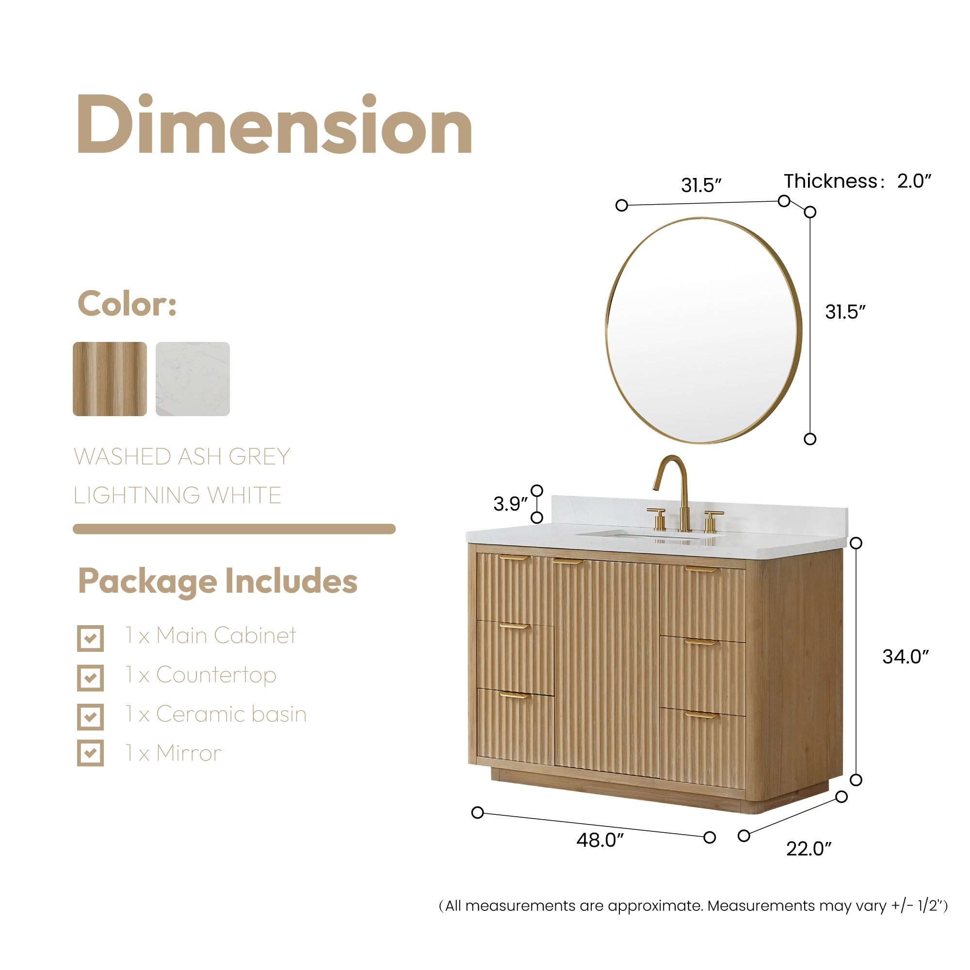 Vinnova Cadiz Bath Vanity, Composite Stone Top, Washed Ash Grey, 48", With Mirror