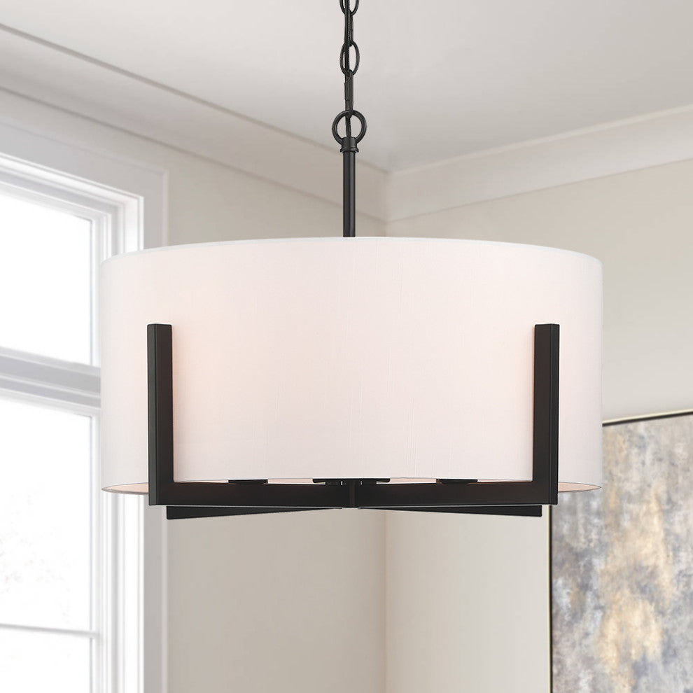 22" W 4-Light Matte Black Chandelier Pendant Light With White Drum Shade