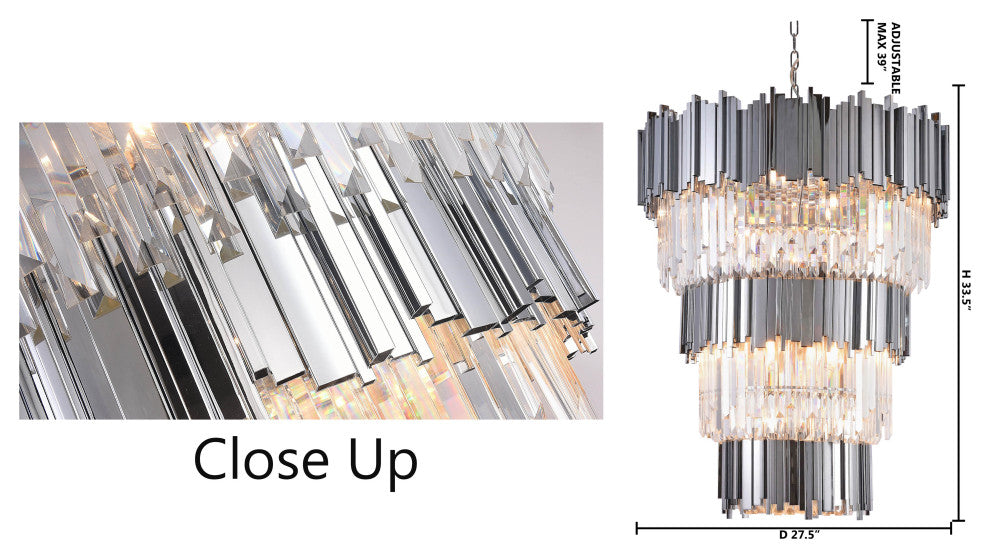 3-Tier Chrome Bar Rod Frame Chandelier, Clear Crystal Drops
