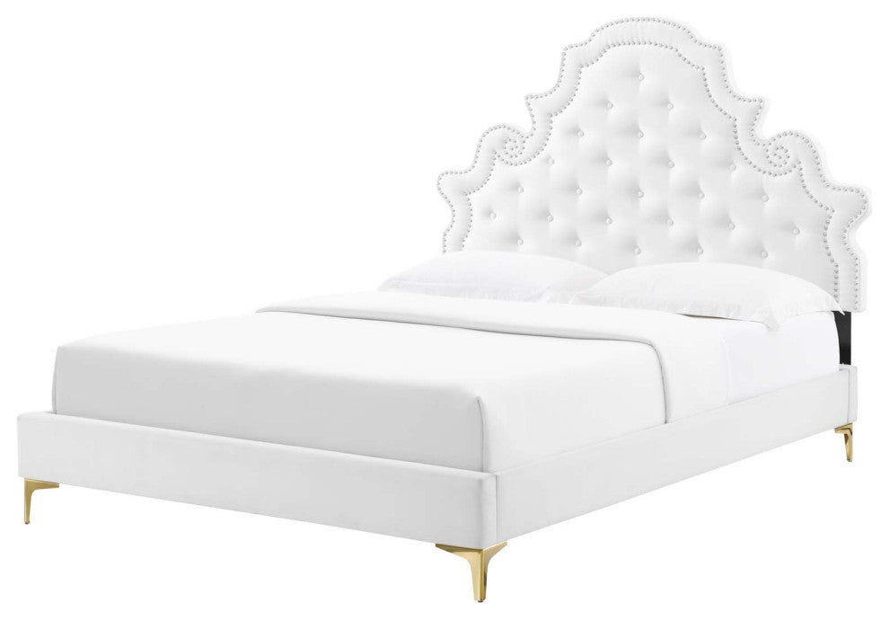Tufted Platform Bed Frame, King Size, Velvet, White, Modern Contemporary