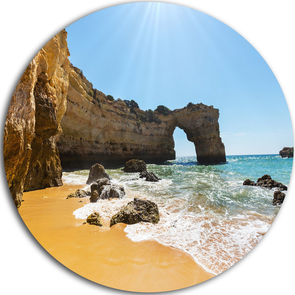 Wide Portugal Beach With White Waters, Modern Beach Round Wall Art, 23"