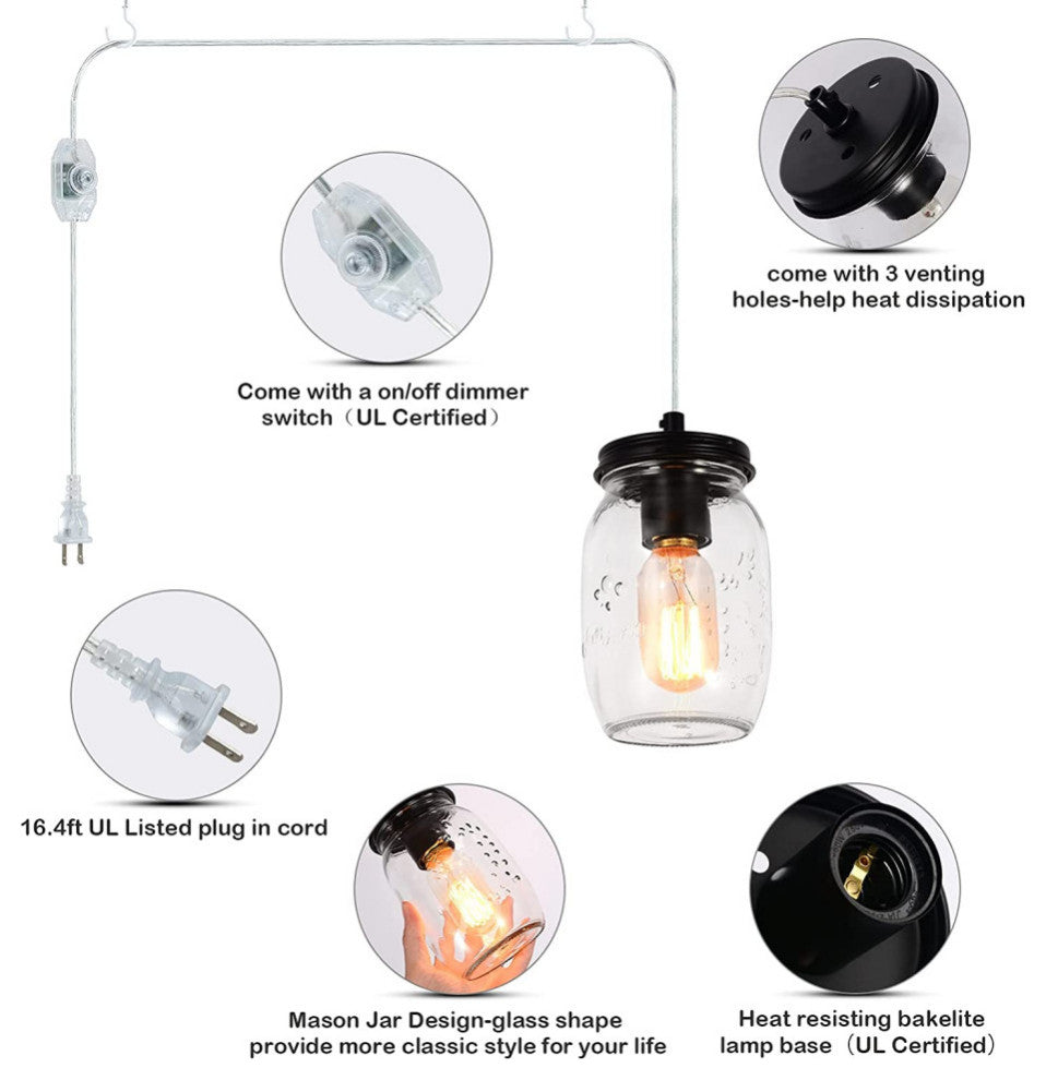 Mason Jar Glass Pendant Light Fixture Plug in Hang Lamp