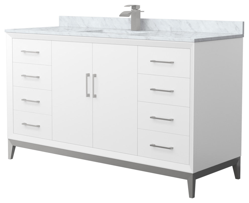 Amici 60" White Single Vanity, White Carrara Marble Top, Brushed Nickel Trim