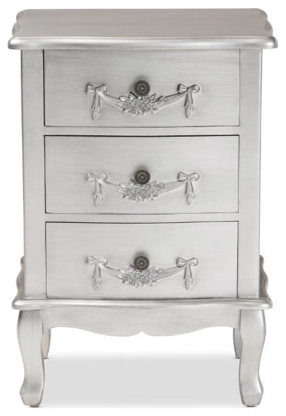 Classic and Traditional Brushed Silver Finished Wood 3-Drawer Nightstand