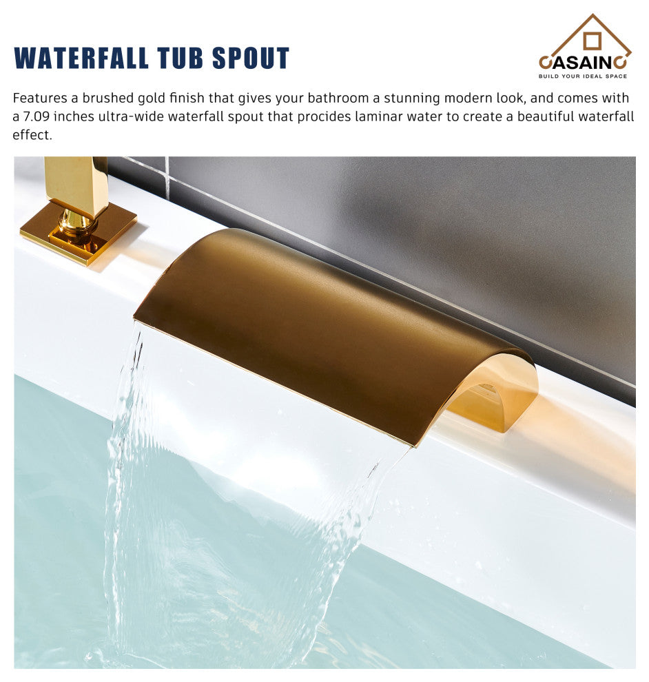 CASAINC Roman Tub Luxury Waterfall Faucet Set Spout w Hand Shower, Gold