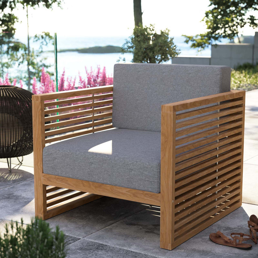Lounge Chair Armchair, Gray Natural, Teak Wood, Modern, Outdoor Patio