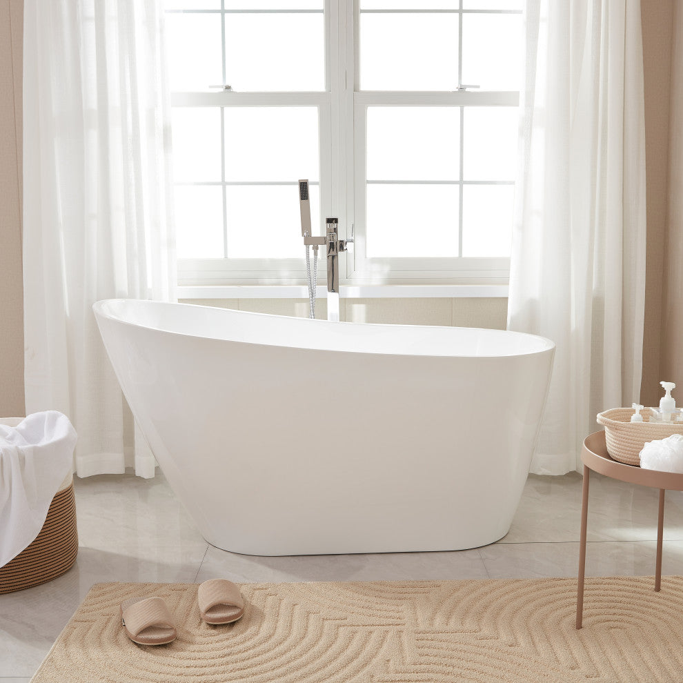 Vanity Art Freestanding Acrylic Soaking Bathtub, White/Polished Chrome, 55"