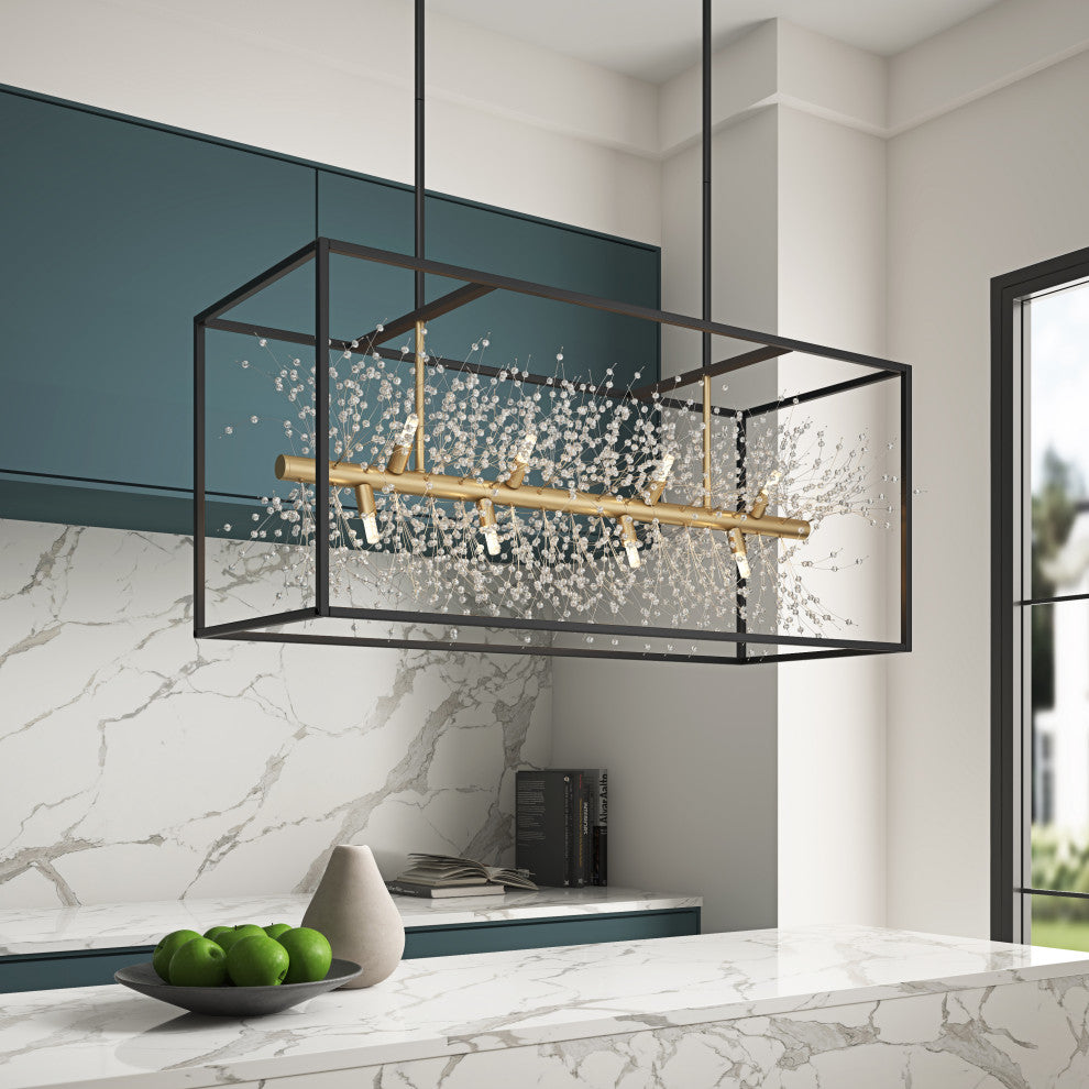 Farmhouse 12-Light Rectangle Kitchen Island Chandelier with Crystal Branch, Black
