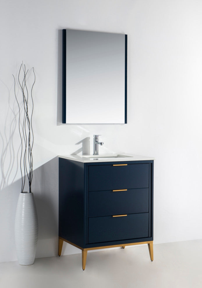 DIVANI 24" Vanity WithQuartz Counter Top, Gloss White, Navy Blue