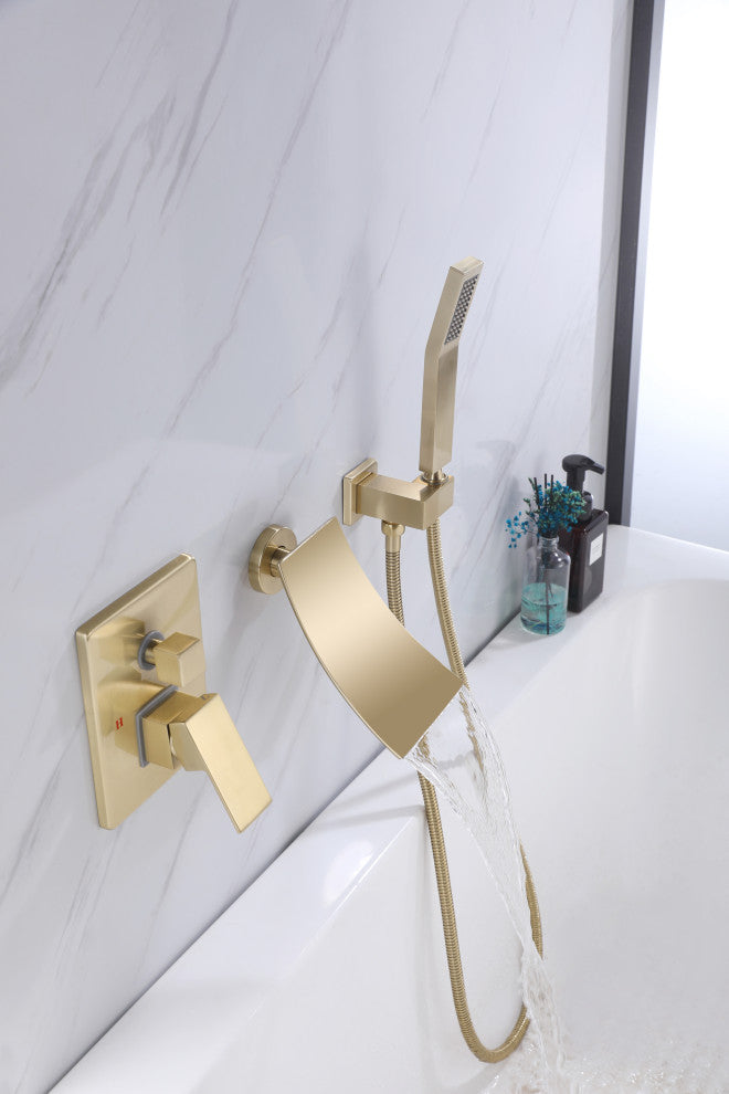 Wall Mounted Pressure Balance Dual Handle Roman Tub Faucet with Hand shower, Bru
