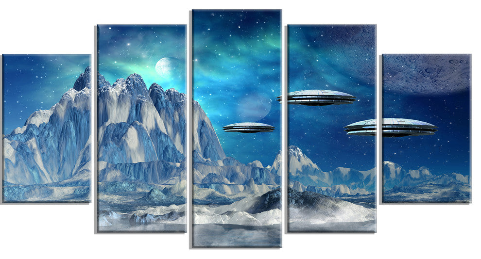 Blue Alien Planet, Landscape Canvas Art Print, 60"x32", 5 Panels
