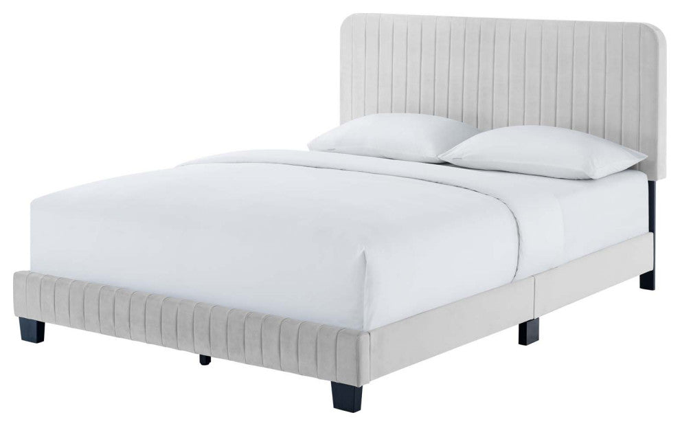 Tufted Platform Bed Frame, Twin Size, Velvet, Grey Gray, Modern Contemporary