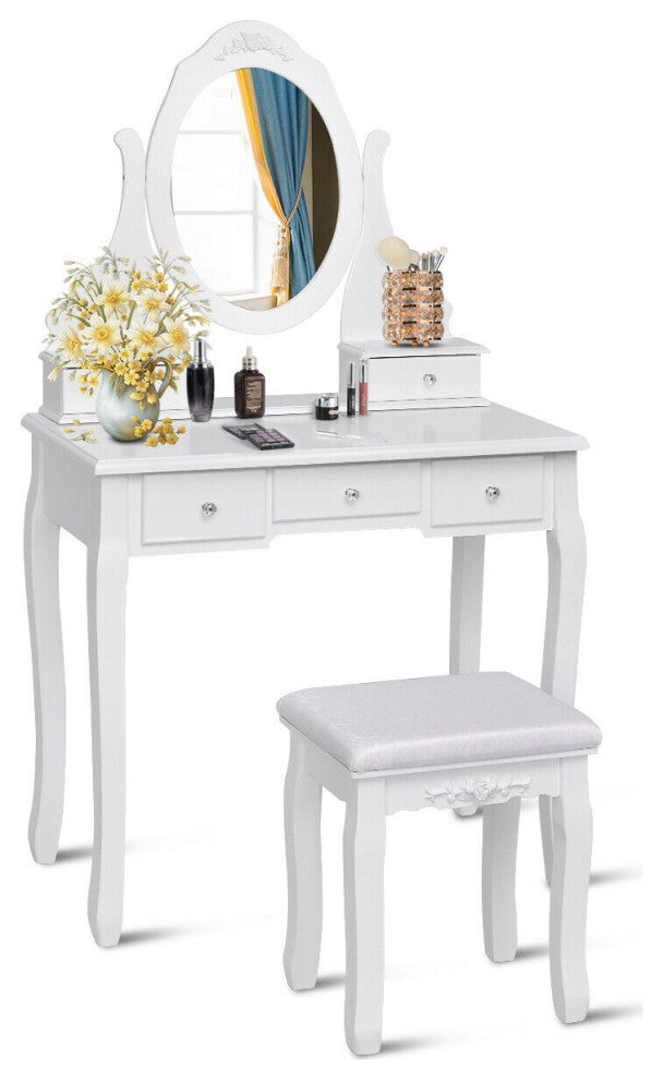 Costway Bedroom Wooden Mirrored Makeup Vanity Set Stool Table Set White