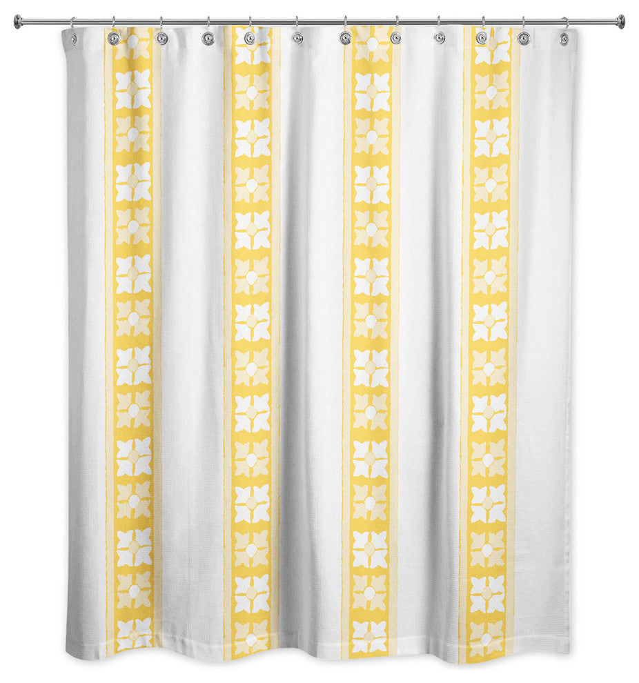 Folk Floral Stripe Pattern in Yellow Shower Curtain