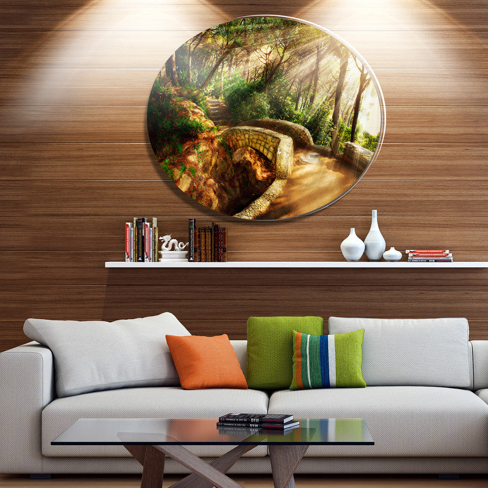 Bright Sun In Mystical Park, Landscape Disc Metal Artwork, 23"