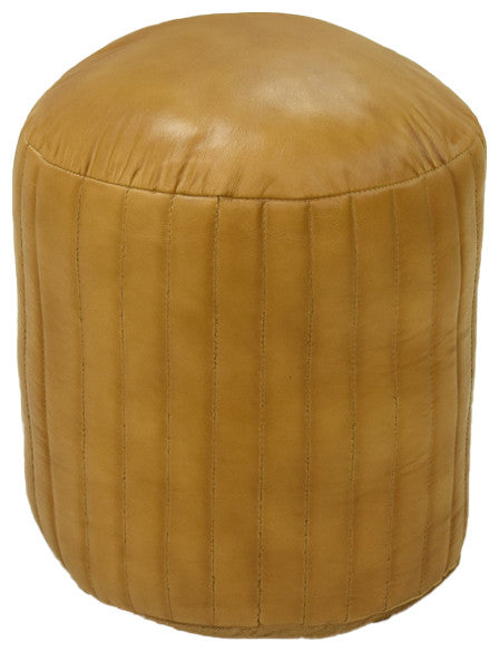Poufs-Solid Handmade Goat Leather Pouf, Recycled Cotton Fill, Beige, Round, 16x16x16