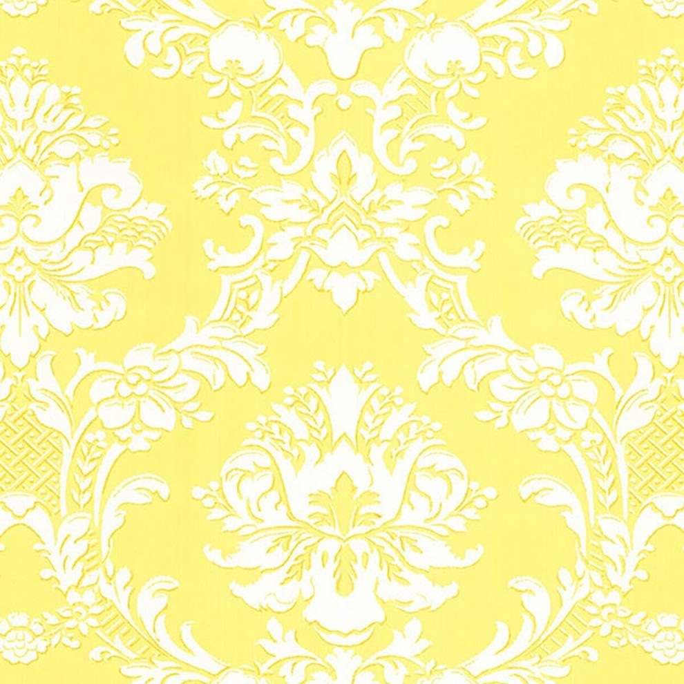 Stripes And Damasks, Classic Damask Stripes Yellow, White Wallpaper Roll