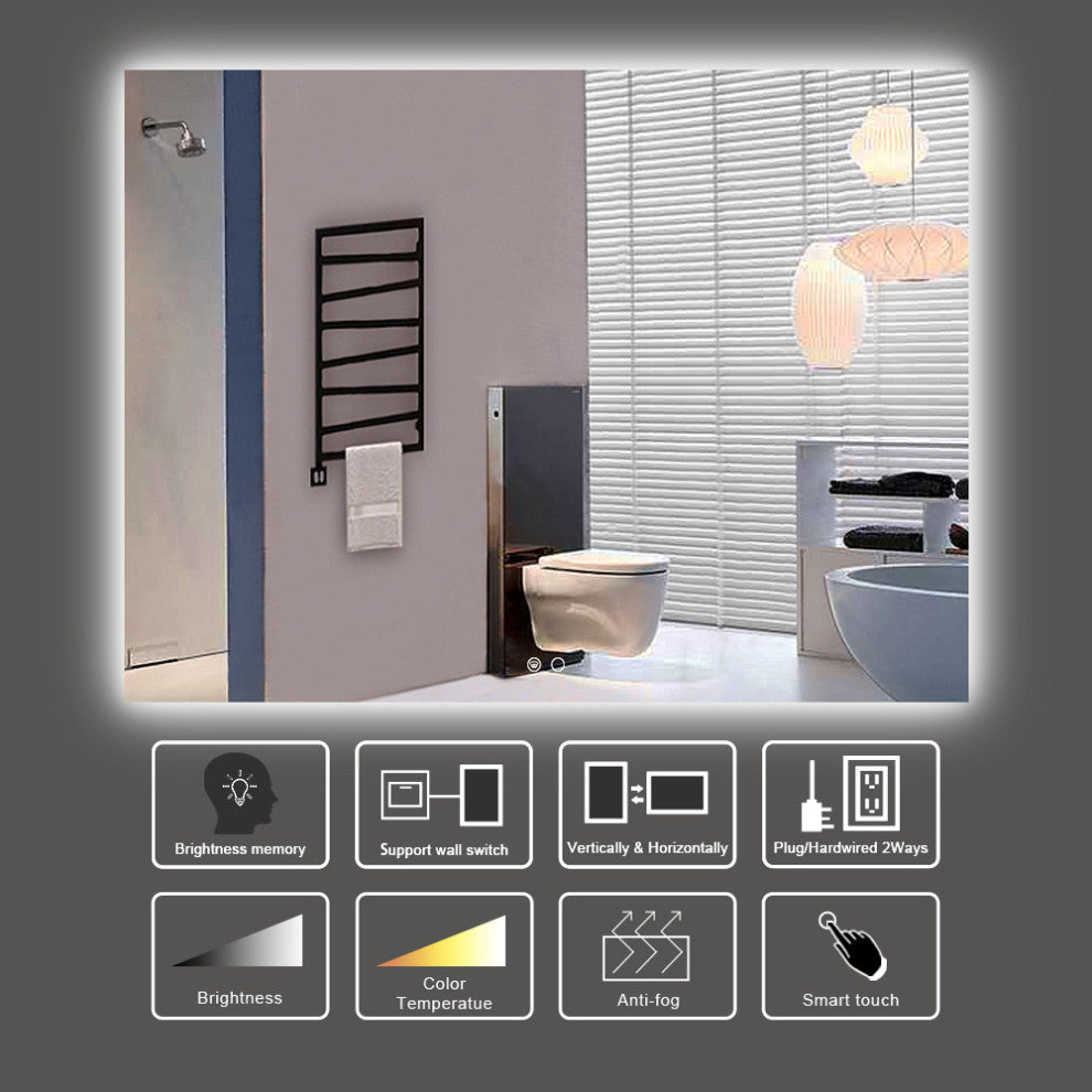 Backlit 3-Color LED Mirror for Bathroom, Anti-Fog Dimmable, 48x36