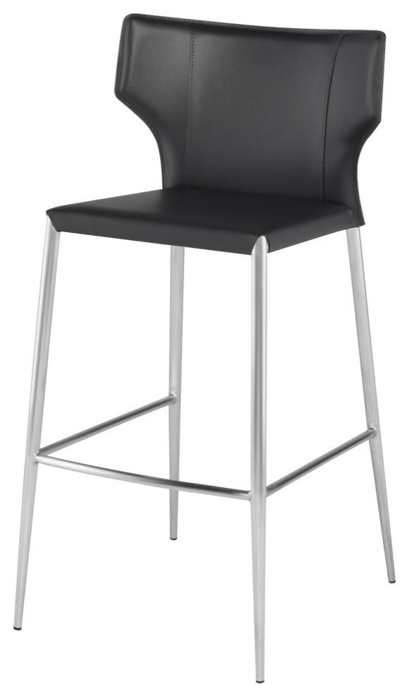 Wayne Bar Stool, Modern Gray Barstool Gray Leather, Brushed Stainless Steel Legs