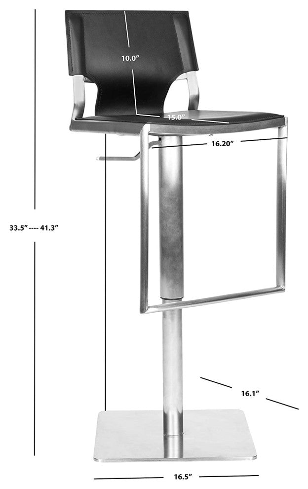 Modern Bar Stool, Stainless Steel Base With Footrest & Black Bonded Leather Seat