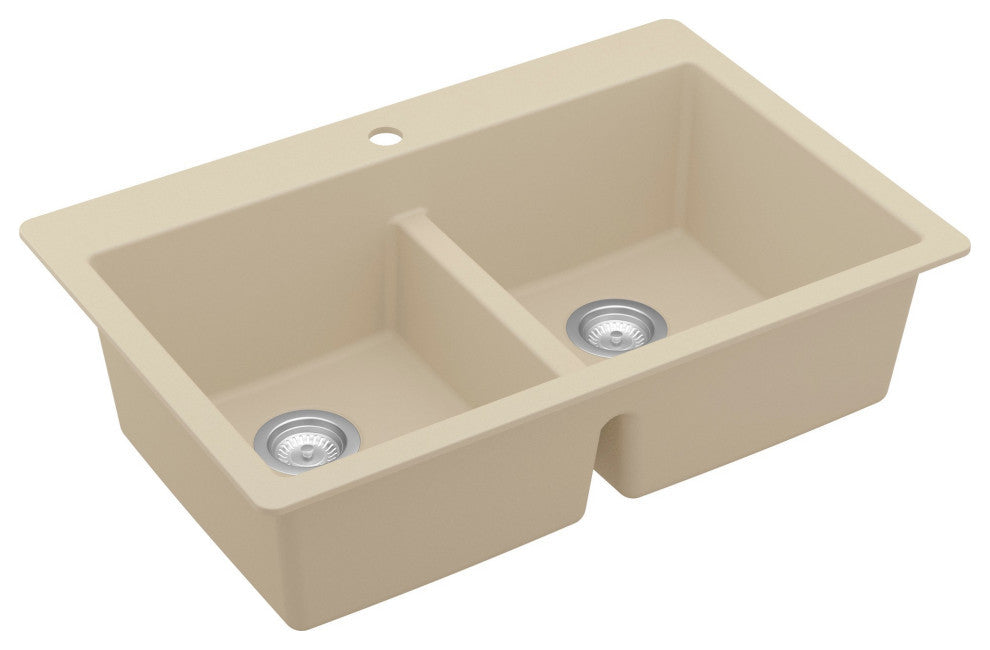 Karran 33" Top Mount Double Equal Bowl Quartz Kitchen Sink, Bisque