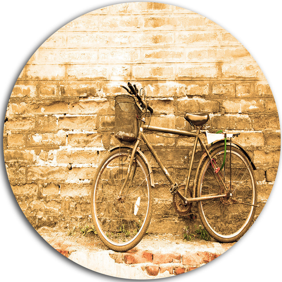 Vintage Bicycle Against Brown Wall, Landscape Disc Metal Wall Art, 36"