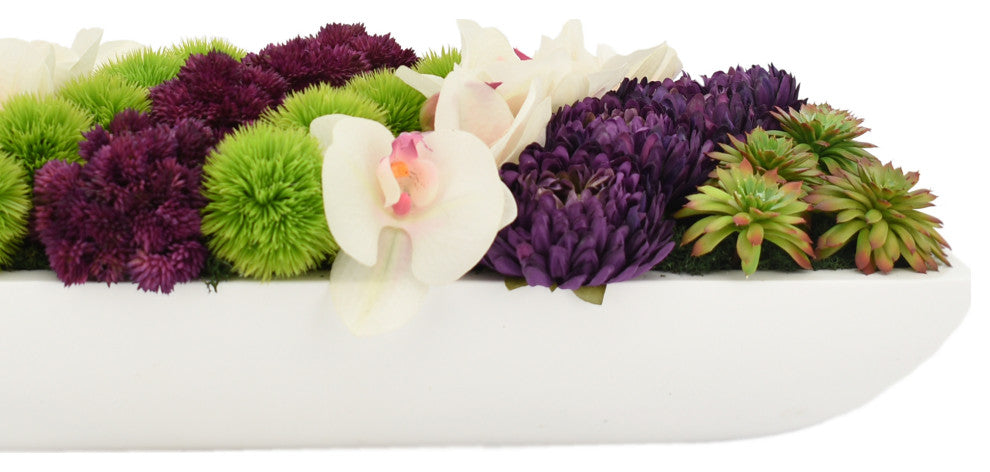 Creative Displays Arrangement, Orchids, Cactus, Sedum, and Mums, White Planter