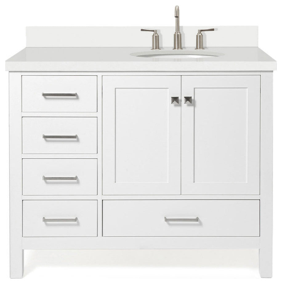 ARIEL Cambridge 43" Right Offset Oval Sink Bathroom Vanity White With Quartz Top