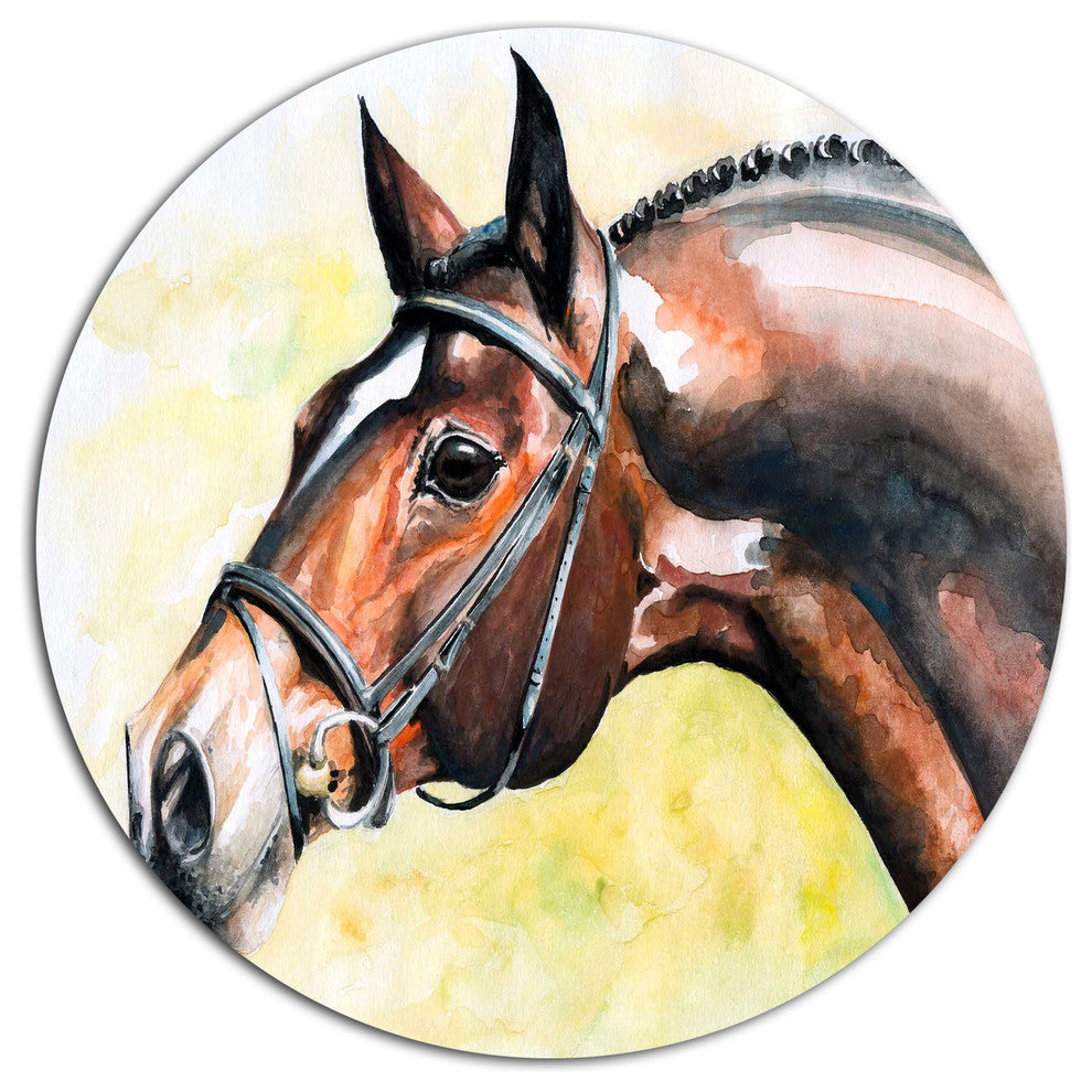 Brown Horse Portrait Painting, Animal Disc Metal Wall Art, 11"