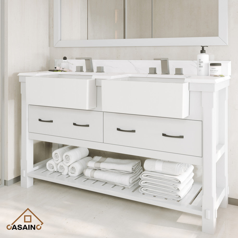 Freestanding Bath Vanity in White with White Quartz Top, 60in