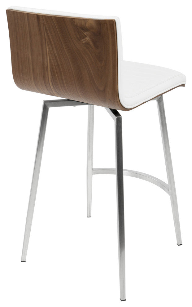Mason Swivel Counter Stool, Set of 2, Stainless Steel/White PU/Walnut Wood