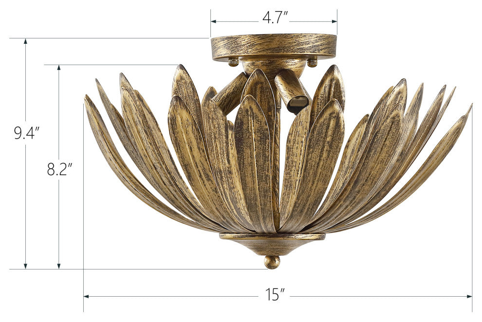 15" 3-Light Antique Gold Leaf Semi-Flush Mount Ceiling Light