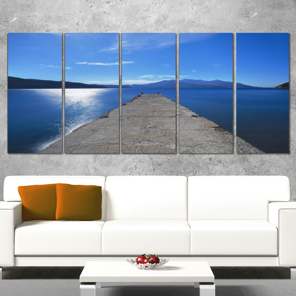 "Elba Island Pier And Capanne Mountain" Landscape Wall Art, 5 Panels, 60"x28"