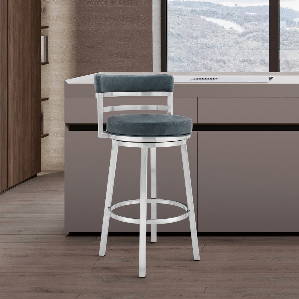 Titana 26" Counter Height Swivel Blue Faux Leather and Stainless Steel Bar Stool, 30