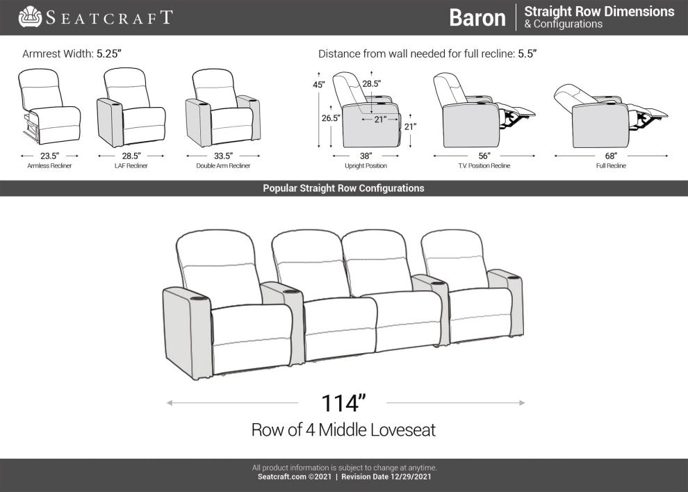 Seatcraft Baron Home Theater Seating, Black, Row of 4