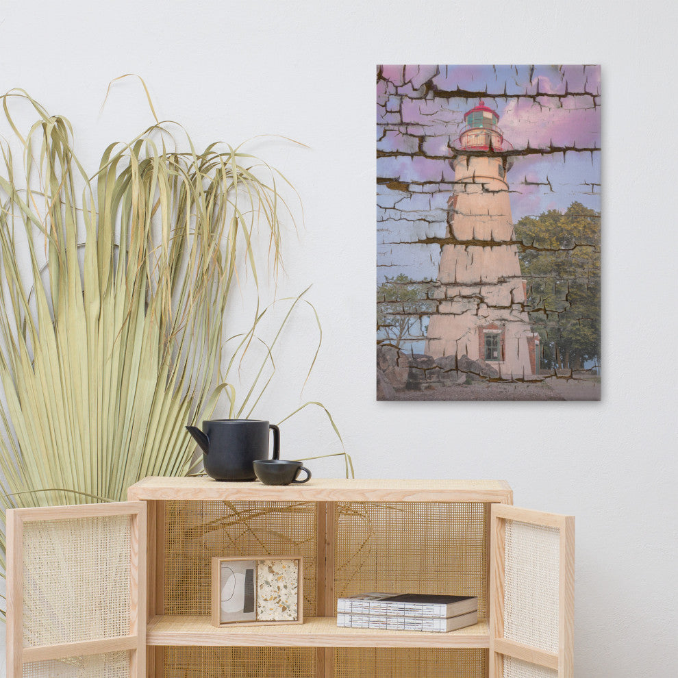 Faux Wood Texture Marblehead Lighthouse at Sunset Canvas Prints, 24" X 36"
