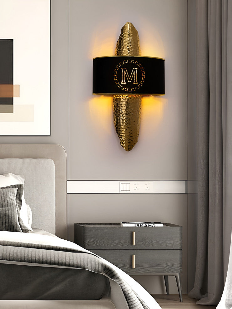 Luxury Golden Wall Lamp with M-Letter Lampshade, Living Room, Bedroom, Black