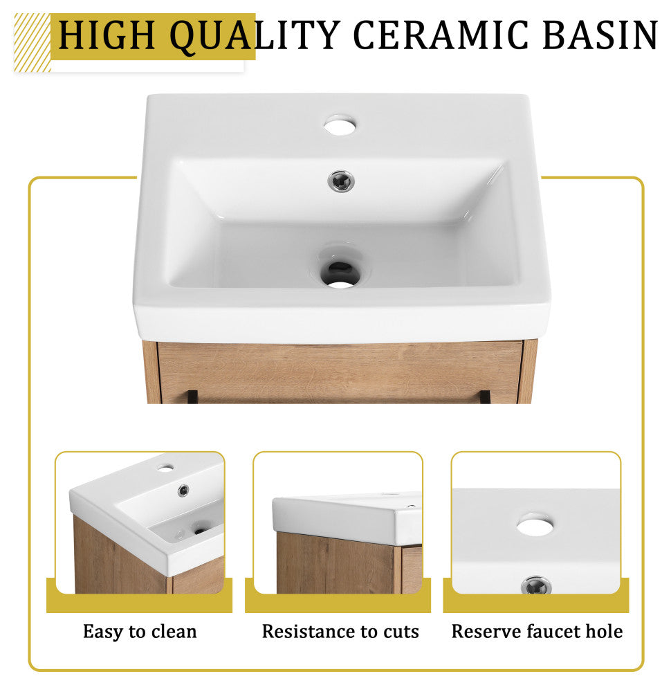 GDF Studio 18" Wall-Mounted Vanity, Ceramic Sink, Imitative Oak