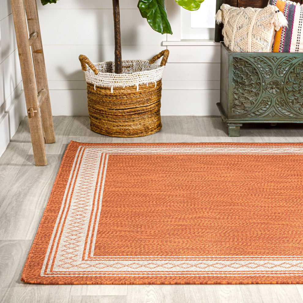 Lucia Classic Diamond Border Indoor/Outdoor Area Rug, Orange/Cream, 8x10