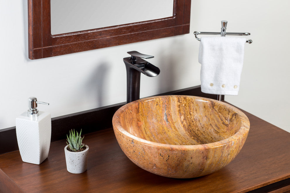 Natural Stone Vessel Bathroom Sink, Isidro Peach Travertine