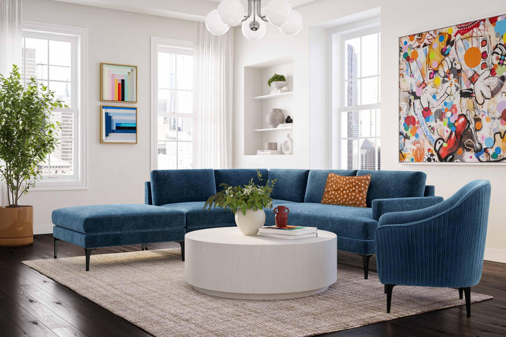 Serena Blue Velvet Large Left Arm Facing Chaise Sectional With Black Legs