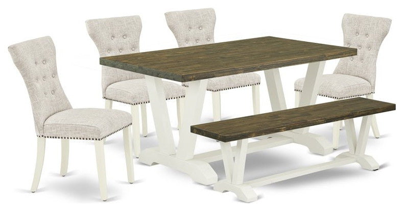 6-Piece Set, Doeskin Linen Fabric Seat Chairs, Bench and Top Table
