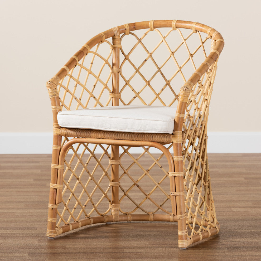 Orchard Bohemian White Fabric Upholstered and Natural Brown Rattan Dining Chair