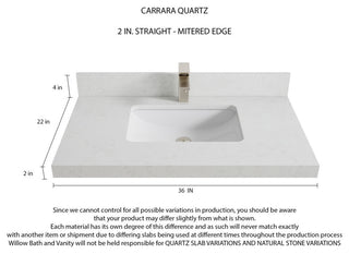 Aberdeen 36 Center Sink Bath Vanity in White 2" Carrara Quartz