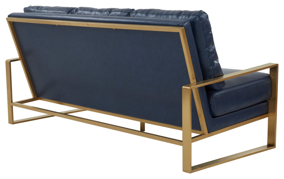 LeisureMod Jefferson Modern Design Faux Leather Sofa With Gold Frame, Navy Blue