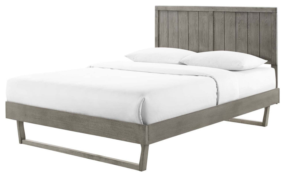 Platform Bed Frame, King Size, Wood, Gray, Modern Mid-Century, Bedroom