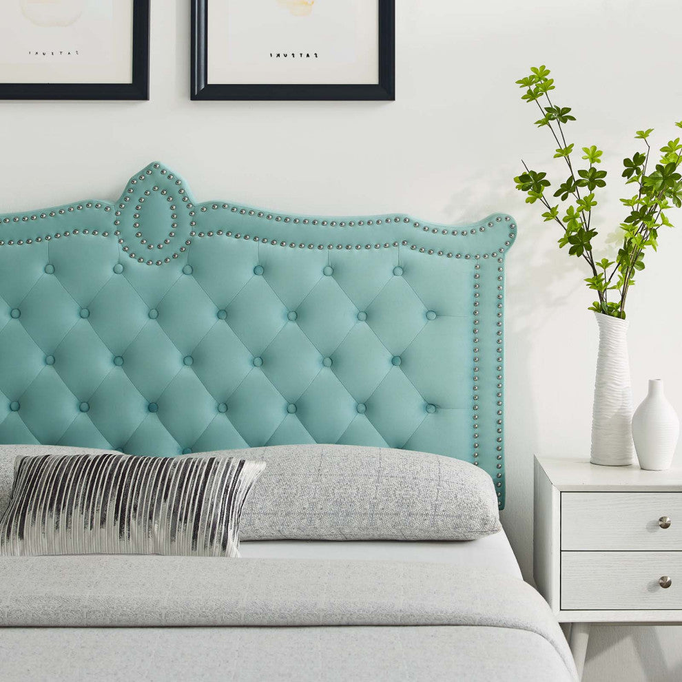 Tufted Headboard, Nailhead, King California Size, Blue, Velvet, Modern