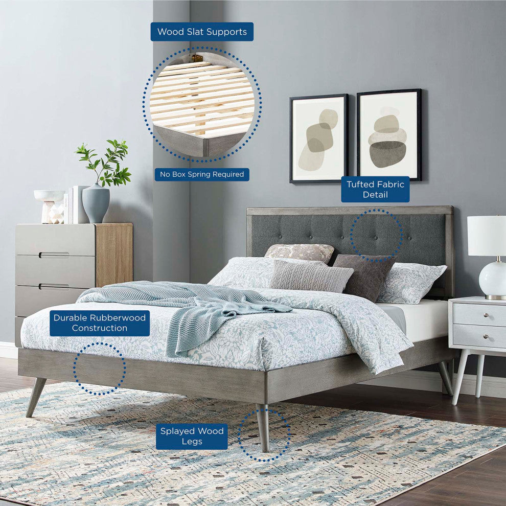 Platform Bed Frame, Queen Size, Fabric, Wood, Gray, Modern Mid-Century